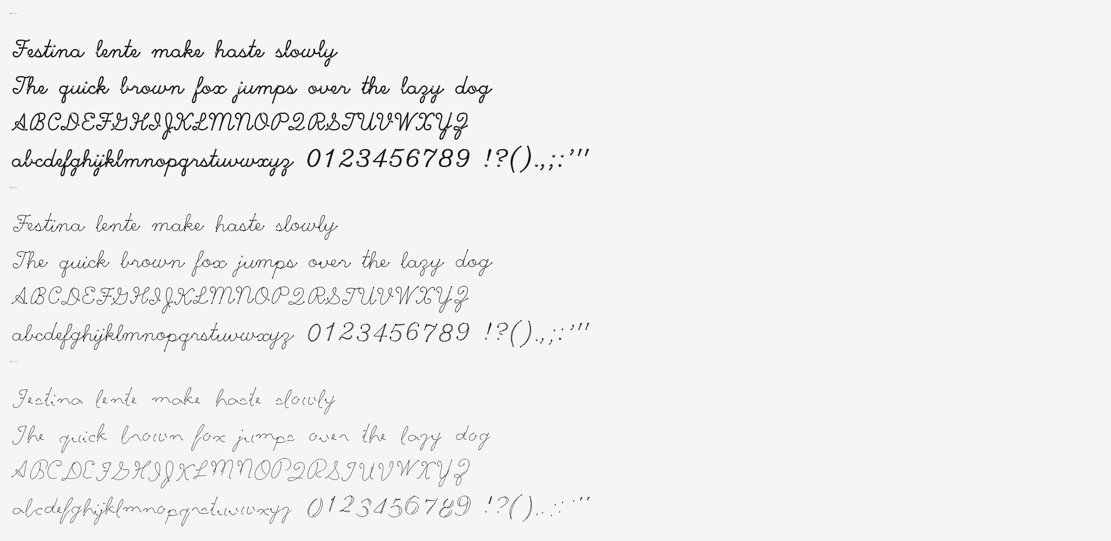 Specimen sheet showing the full character set at three haste levels, progressively degrading