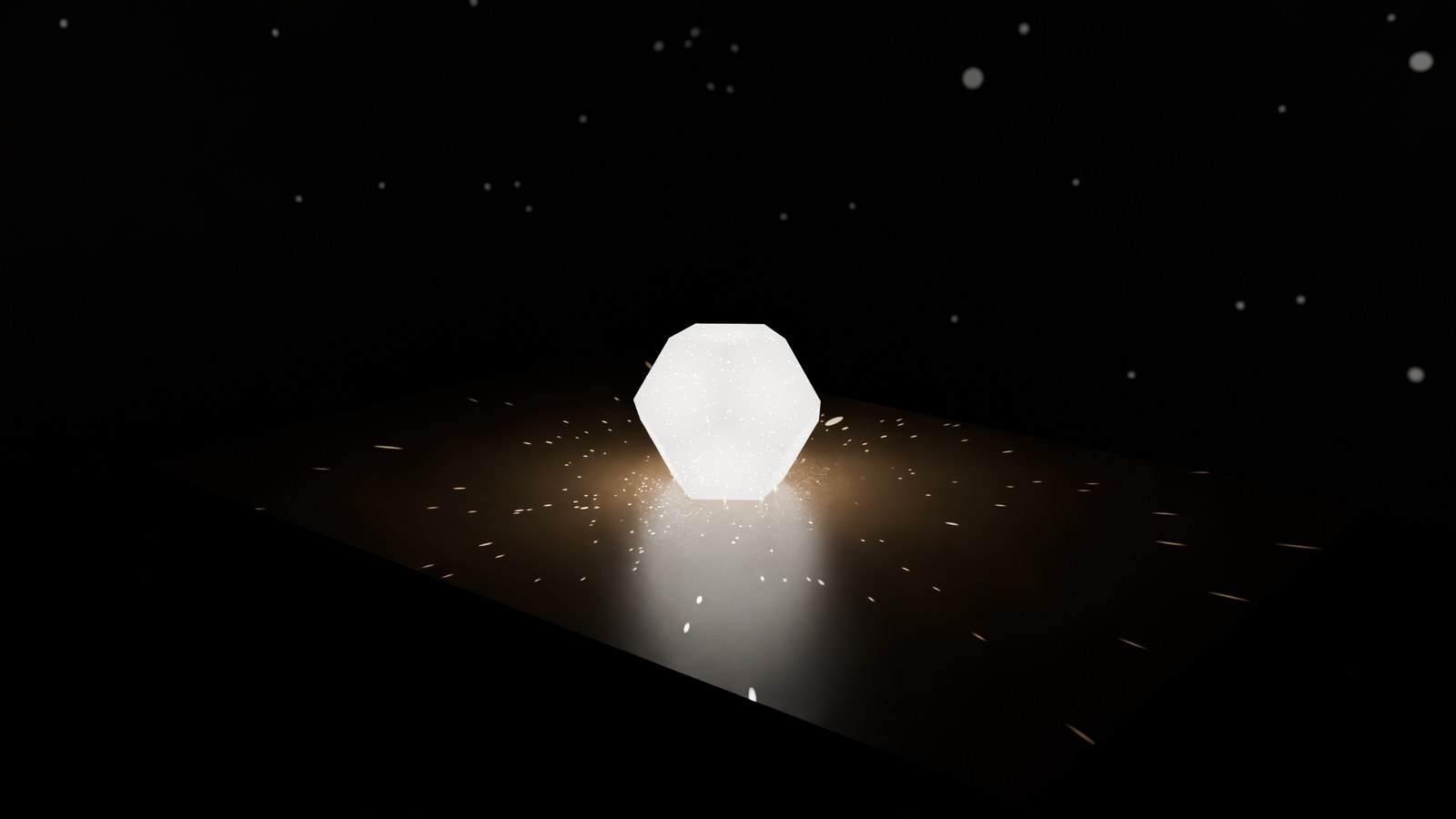 A glowing paper dodecahedron on a dark table, throwing points of light around it