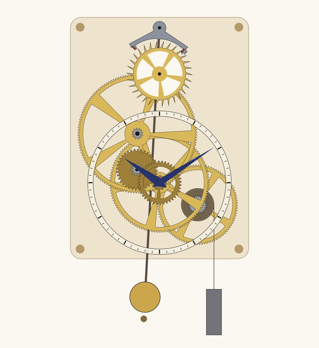 The movement in the film: plates, escape wheel and anchor at the top, the train and chapter ring below, pendulum and weight hanging under