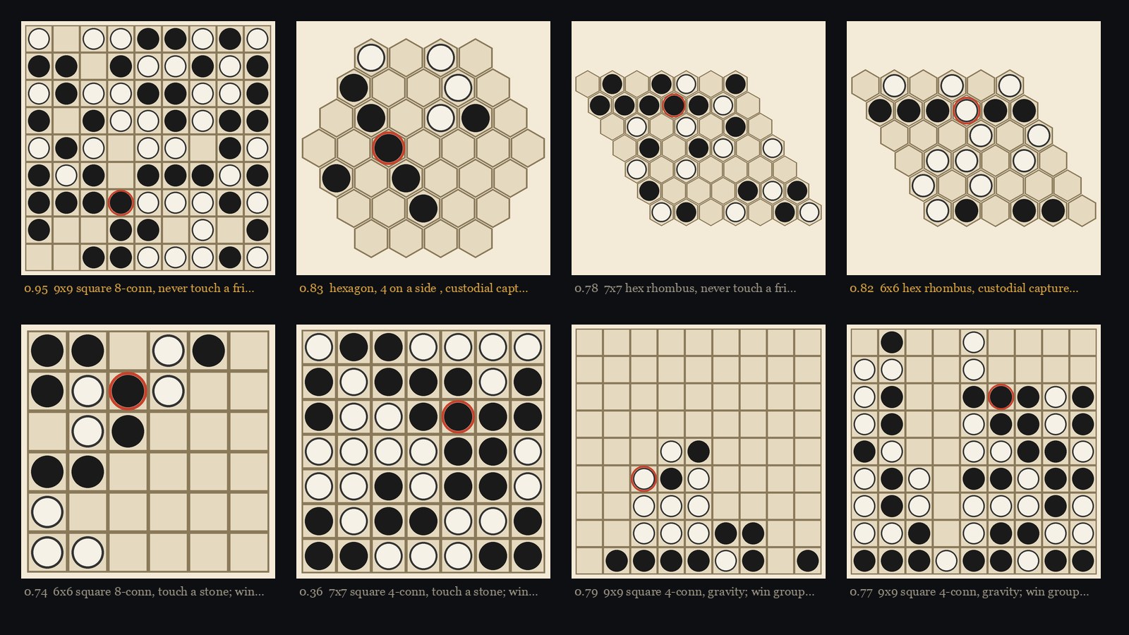 Final positions of a dozen random rule sets from the screen, small boards in a grid