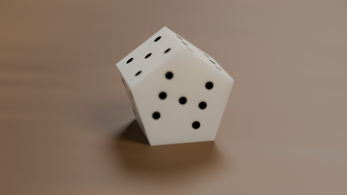 A white pentagonal prism die resting on a wooden table, its seven-pip cap facing the camera.